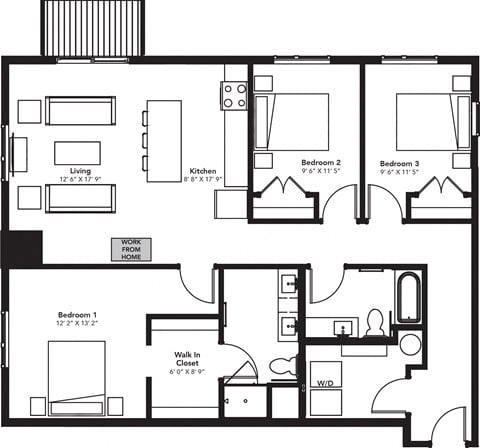 Floor plan for 3 beds, 2 baths, 1367 sqft